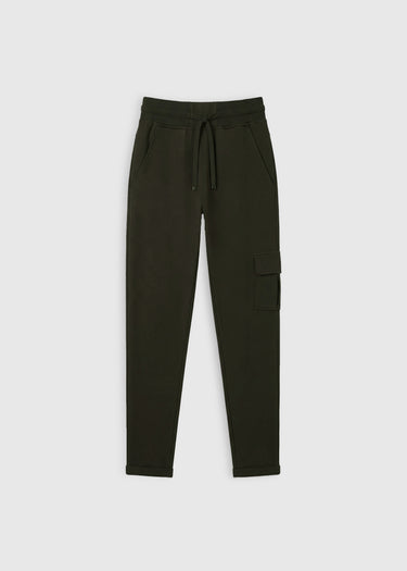 Jogging femme vert forêt Albert – molleton coton stretch, ceinture élastique cordon
