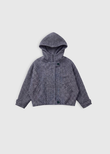 Veste femme bleu indigo Antoine – laine chevron, fermeture zippée, poches passepoilées
