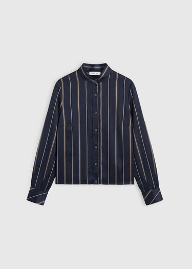 Chemisier soie femme bleu marine Augusta – satin rayé lumineux, volume boîte net
