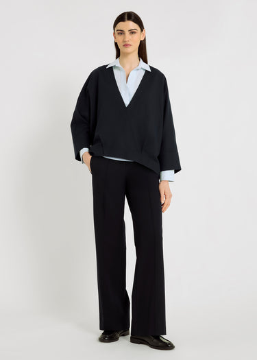 Top femme bleu marine Andre – flanelle douce, col V profond, manches 3/4

