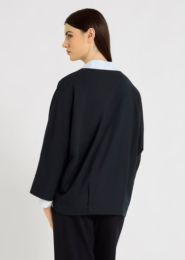 Chemisier femme bleu marine Andre – col V profond, coupe courte oversize, flanelle
