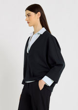 Top femme chic bleu marine Andre – manches 3/4, matière flanelle décontractée chic
