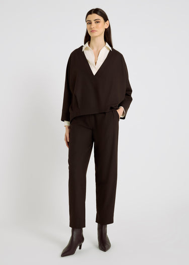 Top rayé femme marron chocolat Andre R – flanelle douce, col V profond, manches 3/4
