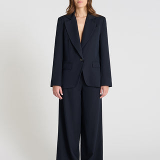 Blazer femme bleu nuit tailleur chic col fermé bouton corozo - Aponi
