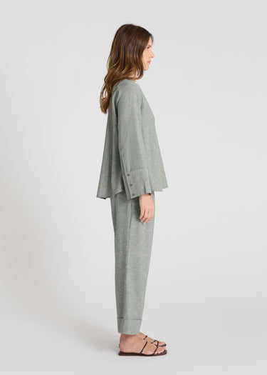 Blouse chic femme kaki rayée, pli creux dos, tissu structuré léger - Vue de dos - Blouse Arome