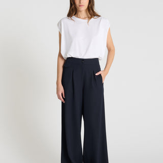 Pantalon tailleur femme Aruni bleu marine large taille haute plis piqués poche rabat
