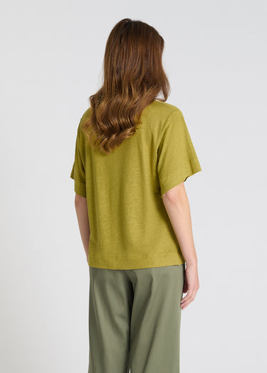 Vue arrière t-shirt Aubino vert olive couture apparente dos base fendue jersey lin fluide
