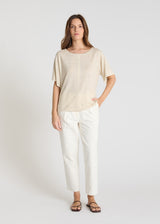 T-shirt femme lin jersey beige sable col rond manches courtes coupe ample Aubino
