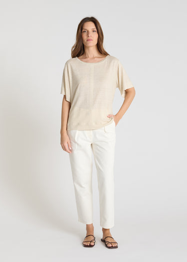 T-shirt femme lin jersey beige sable col rond manches courtes coupe ample Aubino
