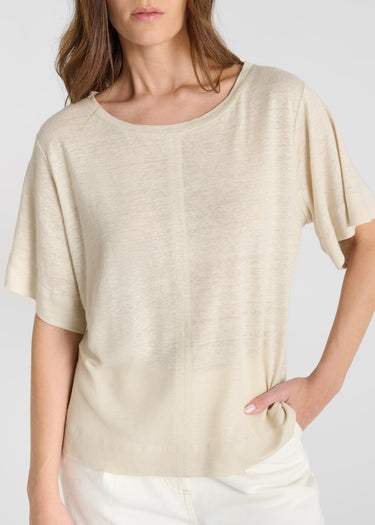 Tee shirt femme beige sable lin jersey détail couture apparente structurante
