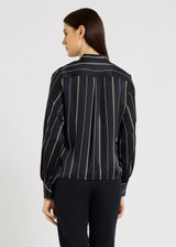 Chemise soie luxe femme bleu marine Augusta – pinces poitrine, plis poignets allongés
