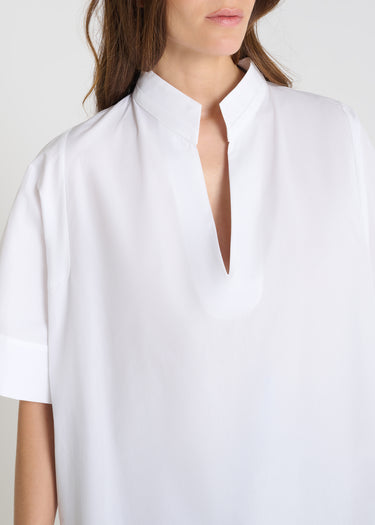 Blouse femme chic blanche, détail col montant baigneuse, popeline coton - Détail - Blouse Azalée

