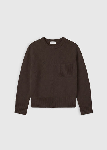 Pull femme marron chocolat en baby alpaga – Ben, ligne boite courte, maille douce et chaleureuse

