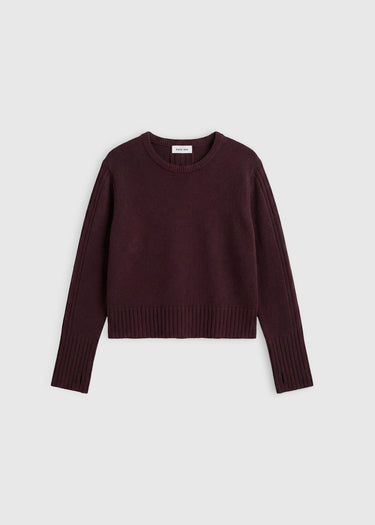Pull femme bordeaux 100% mérinos Blaise – ligne droite, bandes de côtes, fils italiens, maille douce
