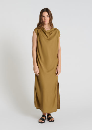 Robe longue femme Badiane marron tabac Tencel col bénitier drapé coupe droite fentes côtés
