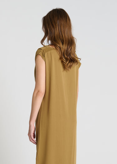 Vue arrière robe Badiane marron tabac fentes côtés Tencel coupe droite tombé aérien
