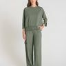 Sweat femme vert kaki en molleton, col rond, manches raglan longues, volume boîte - Vue de face Balisier