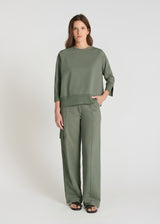 Sweat femme vert kaki en molleton, col rond, manches raglan longues, volume boîte - Vue de face Balisier