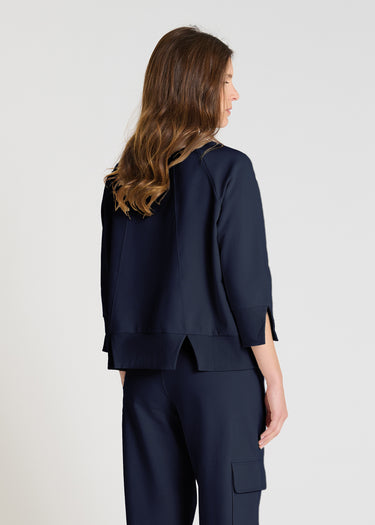 Pull femme sans manches bleu nuit, encolure V structurante, maille coton - Vue arrière détail nervure Tournesol
