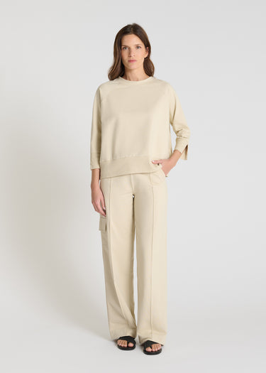 Pull oversize femme Balisier beige dune molleton col rond manches raglan poignets fendus
