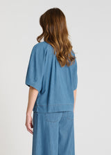 Chemisier femme jean indigo, détail manches ballon, blouse denim casual-chic - Détail - Blouse Begonia
