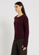 Pull mérinos bordeaux femme Blaise – côtes dos et manches, encolure ronde, pull merinos femme chic
