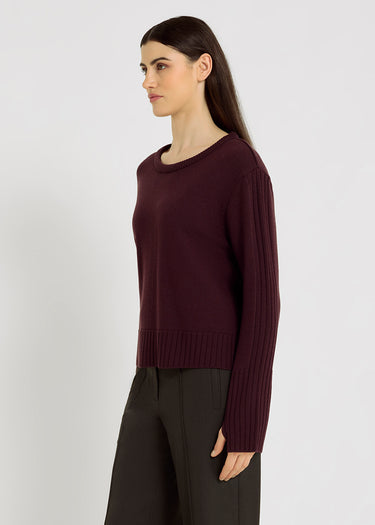 Pull mérinos bordeaux femme Blaise – côtes dos et manches, encolure ronde, pull merinos femme chic
