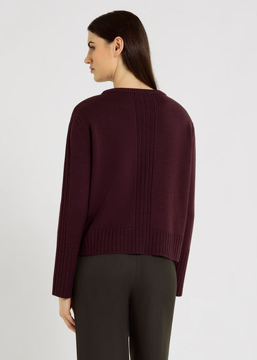 Pull bordeaux laine mérinos Blaise – trou pour le pouce, volume droit, tenue décontractée chic femme
