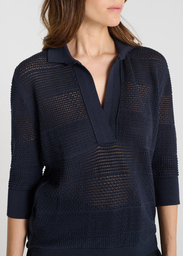 Détail pull Bloom bleu nuit maille coton ajourée col polo patte ouverture bord-côte
