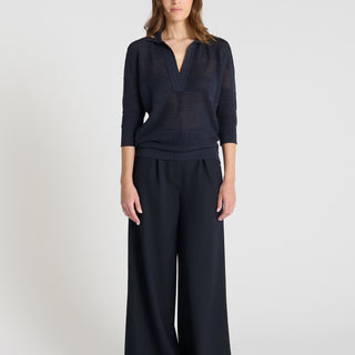 Pull polo femme Bloom bleu marine coton ajouré manche 3/4 col polo patte boutonnée
