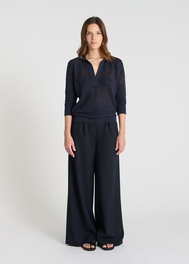 Pull polo femme Bloom bleu marine coton ajouré manche 3/4 col polo patte boutonnée
