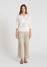 Pull polo femme Bloom blanc ivoire coton ajouré manche 3/4 col polo patte boutonnée
