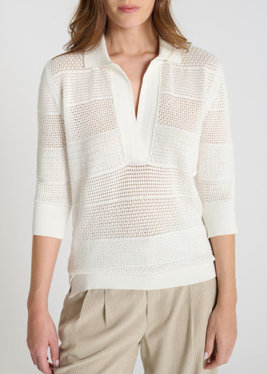 Détail pull Bloom blanc ivoire maille coton ajourée col polo patte ouverture bord-côte
