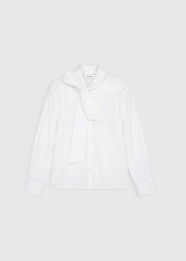 Chemise blanche femme habillé Charlotte – col mao, manches bouffantes, lavallière amovible, popeline coton, boutons nacre