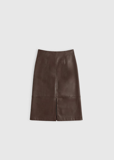 Jupe femme marron chocolat simili cuir Colette – ligne crayon, fermeture zip dos, pinces devant et dos
