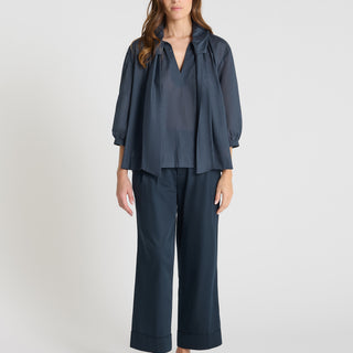 Blouse femme voile de coton rayé bleu nuit col bouffant Camélia vue de face
