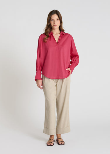 Chemisier femme rose indien voile de coton Camomille col froncé vue de face
