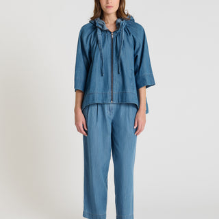 Veste femme jean bleu indigo capuche zippée coupe évasée Cana
