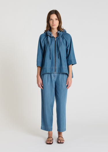 Veste femme jean bleu indigo capuche zippée coupe évasée Cana
