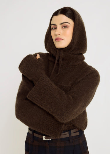 Capuche femme marron chocolat Capucha – baby alpaga fils italiens, liens à nouer, tenue décontractée chic hiver
