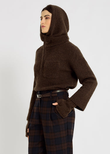 Capuche baby alpaga marron chocolat Capucha – capuche ajustée, liens à nouer, cou couvrant, laine vierge
