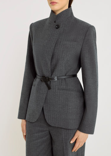 Veste gris chevron Christie – blazer long femme, poches passepoilées, pantalon tailleur femme, tenue chic
