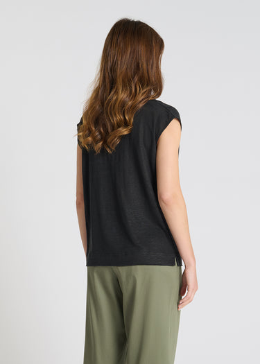 Blouse sans manche femme lin noir tombé naturel détail col

