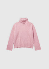 Pull femme rose baby alpaga Dante – volume enveloppant, col roulé fendu côté gauche, chemise femme rose
