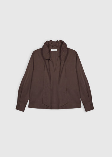 Blouse Doli Choco – chemisier femme en popeline de coton, col bouffant semi-réglable, tenue élégante
