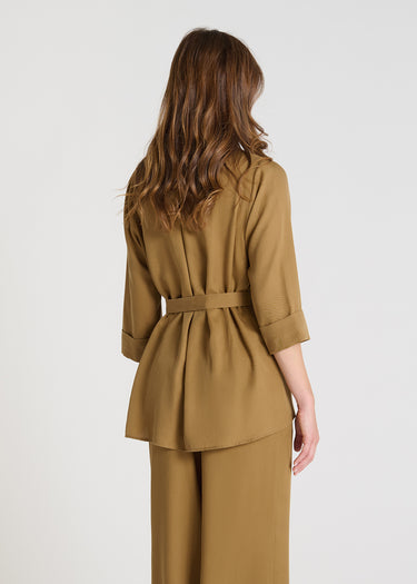 Chemisier Daisy tabac en Tencel 100%, blouse femme chic et original avec revers larges, vue de dos
