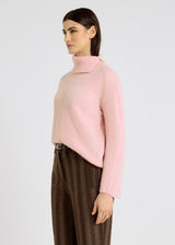 Pull rose baby alpaga Dante – manches longues évasées, côtes sur manches, laine vierge fils italiens, doux
