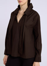 Chemisier femme Doli couleur chocolat – blouse popeline coton, col bouffant, tenue chic pour femme
