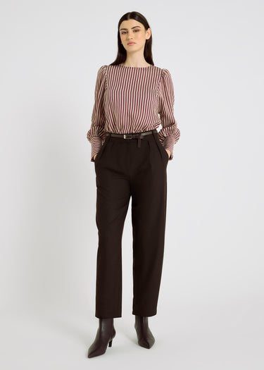 Chemisier femme rayé bordeaux fluide coupe boîte – Top Doris
