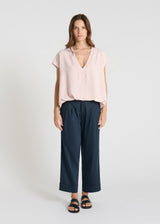 Sweat femme rose manches courtes Edelweiss – coupe ample oversize, encolure V, molleton doux
